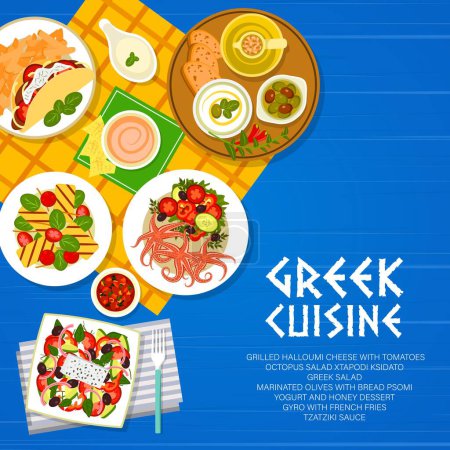 Greek cuisine menu cover, Greece food with Mediterranean salads, vector. Greek cuisine cheese, tzatziki and dinner plates, Greece authentic restaurant traditional halloumi and gourmet seafood lunch