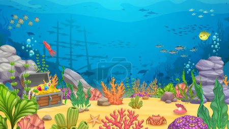 Illustration for Cartoon underwater landscape with sunken frigate ship. Vector game level background with shipwreck vessel on sea bottom, treasure chest, aquatic plants, coral reef, rocks and animals. Ocean scene - Royalty Free Image