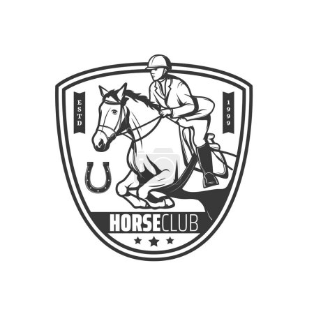 Illustration for Jockey and horse club icon, equestrian sport or horse racing tournament vector emblem. Jockey polo and equine steeplechase races championship on hippodrome badge with horseshoe and stars - Royalty Free Image