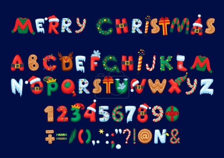 Illustration for Christmas font or type, cartoon holiday typeface and alphabet. Vector xmas festive abc letters, numbers and signs with santa hat, snow, decorated pine tree, gingerbread cookies, garland and reindeer - Royalty Free Image
