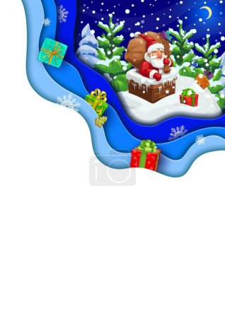 Christmas paper cut banner, cartoon santa with gifts on roof. Vector double exposition 3d design for xmas holidays with funny father noel stuck in chimney at xmas eve. Saint Nicholas deliver presents