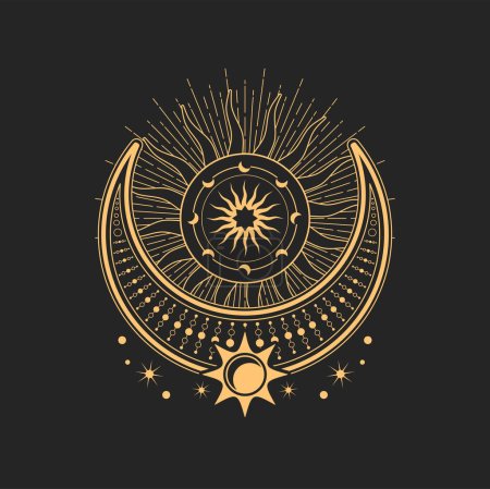 Illustration for Crescent and moon esoteric occult symbols, magic tarot sign. Occultism, alchemy and astrology sacred religion mystic emblem. Vector wiccan amulet with sun, stars and moon with radiant rays - Royalty Free Image