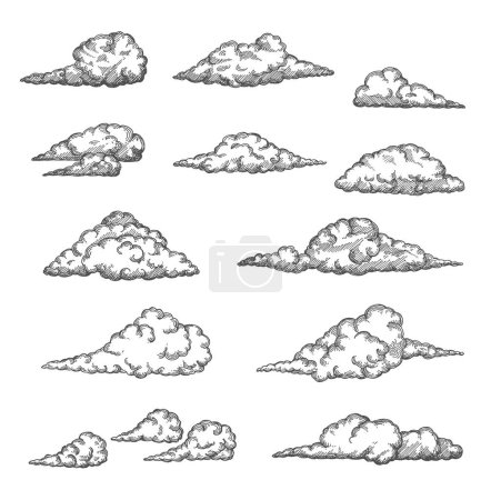 Illustration for Cloud and cloudiness vintage sketches. Vector hand drawn sky of ancient engraved fluffy clouds, antique map elements. Cloudscape with etching texture of curved air streams, cloudy heaven - Royalty Free Image