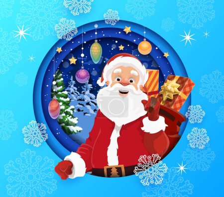 Christmas paper cut banner, cartoon Santa with gifts bag and holiday decorations, vector winter background. Christmas greeting card in paper cut double exposition, Santa and snowflakes cutout layers