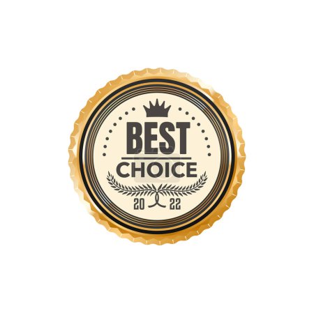 Illustration for Best choice golden badge and sale label. Best product medal round badge or stamp, customer review or satisfaction glossy metal vector label or sticker. Quality guarantee, best choice golden badge - Royalty Free Image
