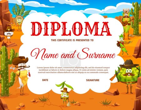 Illustration for Kids diploma of cartoon cowboy, indian, sheriff and bandit vegetable characters. Vector certificate award with Western veggie personages, Wild West diploma, cute bean, corn, radish with hats and guns - Royalty Free Image