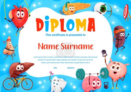 Illustration for Kids diploma cartoon funny human organs sportsman characters. Vector medical certificate with bladder, brain and kidney, liver, tooth, heart and nose, eyeball and pancreas personages sports workout - Royalty Free Image