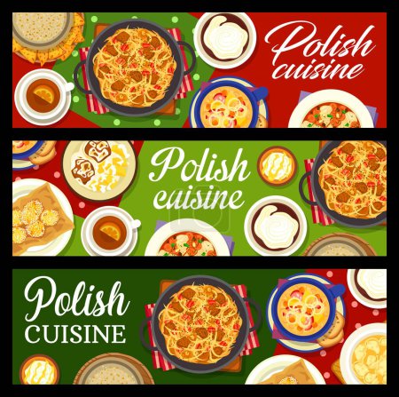Illustration for Polish cuisine banners. Tea, sauerkraut meat stew Bigos and sugar donut Paczki, carp fish braised with vegetables, beer and sausage soup, roast lamb, stuffed dumplings and pumpkin starch drink Kissel - Royalty Free Image