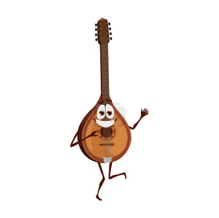 Illustration for Cartoon mandolin musical instrument character. Isolated vector plucked fantasy personage with long vulture and strings. Asian smiling oriental musical object for playing ethnic or folk music - Royalty Free Image