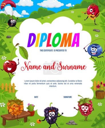 Illustration for Kids diploma cartoon berry characters on summer vacation. Educational school or kindergarten certificate with vector black currant, cranberry, blueberry or blackberry, cloudberry, cherry and raspberry - Royalty Free Image