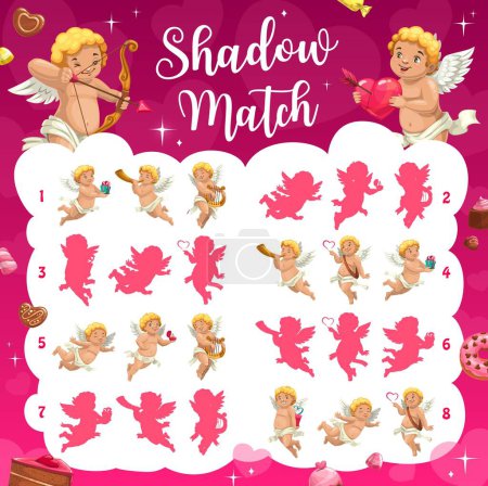 Illustration for Shadow match game, cartoon cupids angels with arrows and hearts, vector puzzle worksheet. Find correct shadow or silhouette of Valentine cupids with gifts, love hearts and harp or chocolate cakes - Royalty Free Image