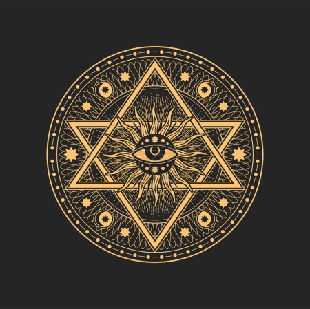 Illustration for Pentagram with magic eye, satanic star in sun rays circle. Vector sun or moon with rays, symbol of alchemy, witchcraft and masonry, mystic amulet - Royalty Free Image