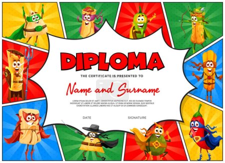 Illustration for Kids diploma with cartoon retro comics. Mexican food superhero characters. Vector certificate with tex mex super hero personages churros, jalapeno, enchiladas, avocado, nachos, burrito and tamales - Royalty Free Image
