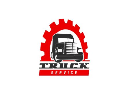 Illustration for Truck freight transportation service icon. Vehicle repair and maintenance workshop, garage station or spare parts shop, cargo delivery company vector symbol or icon with semi truck and gear wheel - Royalty Free Image