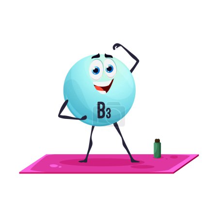 Illustration for Cartoon vitamin B3 character on fitness. Isolated vector funny Niacin capsule personage exercising on mat gym. Nutrient blue bubble sportsman workout, healthy lifestyle, fortified nutririon, sport - Royalty Free Image