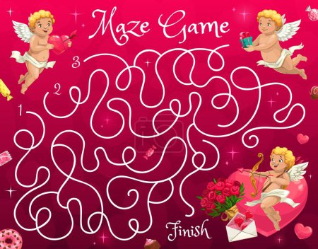 Illustration for Labyrinth maze game, cartoon cupids and angels, vector puzzle worksheet. Labyrinth maze riddle to find way to heart for cupid angels with love arrows and letters, chocolate candy and Valentine flowers - Royalty Free Image
