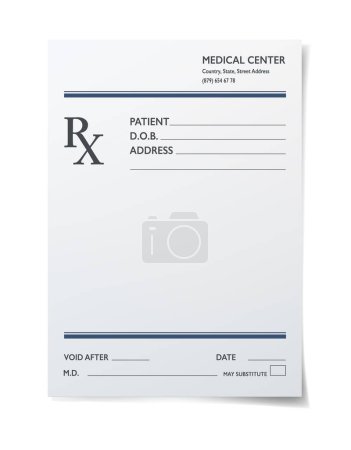 Illustration for Realistic medical prescription rx form. Pharmacy and hospital vector blank paper sheet. Medical center or hospital research , doctor or pharmacist prescription, medication recipe document template - Royalty Free Image