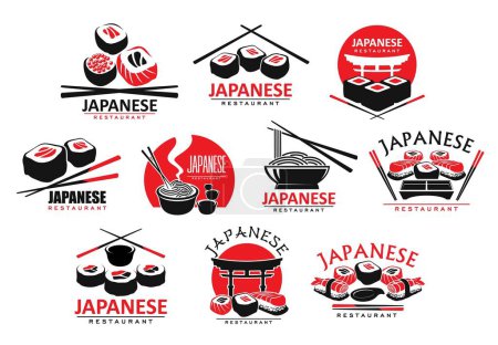 Téléchargez les illustrations : Icônes de la cuisine japonaise avec des sushis, des rouleaux et des nouilles. Restaurant de cuisine asiatique, le Japon fastfood à emporter repas de fruits de mer contour symboles vectoriels avec nigiri, hosomaki et sushi uramaki, baguettes - en licence libre de droit