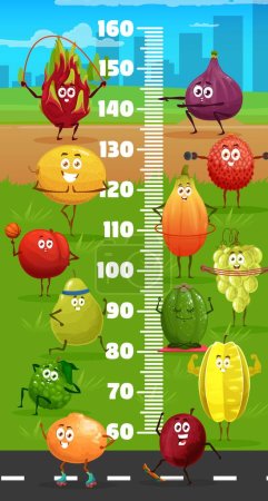 Illustration for Kids height chart with cartoon fruits characters on fitness. Children growth measure meter scale with smiling pitaya, fig and melon, lychee, smiling papaya exotic fruit and carambola doing exercises - Royalty Free Image