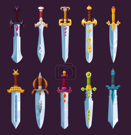 Photo for Magical swords, steel blades, rapier and glaive, sabre or broadsword, fairytale weapons RPG game inventory item UI vector asset. Ancient dagger or magic stiletto with precious stones in golden handle - Royalty Free Image