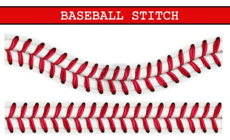 Baseball lace pattern. Baseball ball realistic stitch. Sport tournament or championship 3d vector background or backdrop with realistic white leather hardball, red thread seam