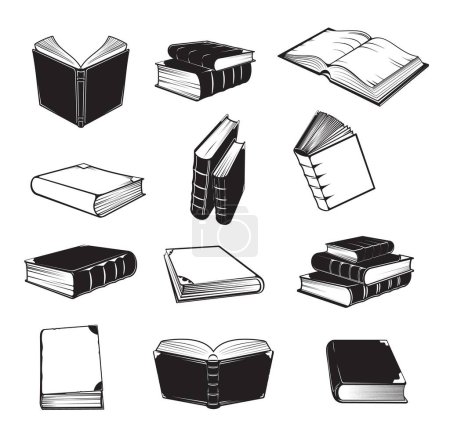 Illustration for Old ancient books. Isolated vintage volumes books pile and stacks. Literature education and knowledge, university library, science and dictionary monochrome sector symbols or icons - Royalty Free Image