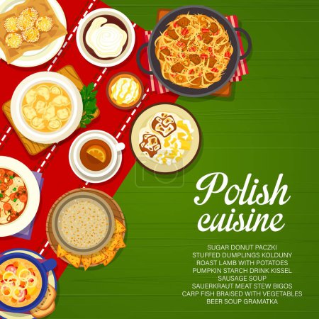 Illustration for Polish cuisine menu cover. Sausage soup, pumpkin starch drink Kissel and meat stew Bigos, cup of tea, roast lamb and stuffed dumplings, braised carp fish, sugar donut Paczki and beer soup Gramatka - Royalty Free Image