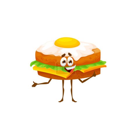 Téléchargez les illustrations : Burger de bande dessinée avec personnage drôle d'oeuf. Kawaii vecteur fast food personnage isolé, plat à emporter mignon jeûne avec le visage souriant. Happy junk meal emoji avec fromage, laitue et oeuf sur le dessus - en licence libre de droit