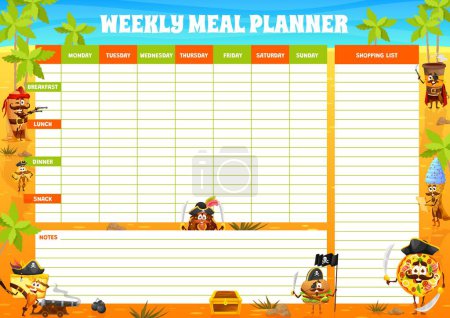 Illustration for Weekly meal planner cartoon pirates fastfood characters on treasure island. Vector timetable with funny hot dog, nachos, coffee, donut and burger. Pizza, ice cream and cake corsairs. Week food plan - Royalty Free Image