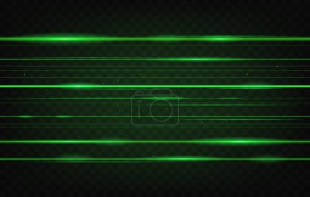 Illustration for Green laser beams background, neon light rays and glow lines on black, vector light flash effect. Green laser beams and light rays, digital energy sparkles and galaxy shine on transparent background - Royalty Free Image