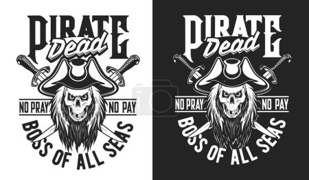 Illustration for Pirate captain character skull with crossed sabers. T-shirt print or vector emblem of sport team or sailing club with creepy and scary pirate, filibuster or corsair toothy, hairy skull in tricorn hat - Royalty Free Image