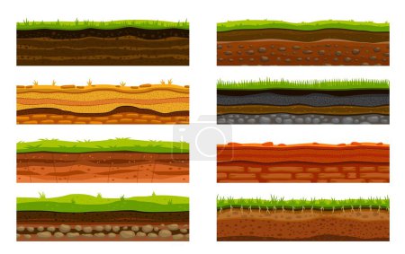 Bodenschichten, kartoonebene Oberflächenlandschaft, Vektorspiel. Cartoon-Spiel Ebene und Plattform des Bodens und unterirdischen Schichten, Grashügel, Wüstensand und Steinfelsen Oberflächen