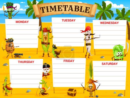 Illustration for Education timetable schedule cartoon vegetable pirates and corsairs characters. Vector school planner template with potato, corn, radish and bean, olive, mushroom and onion with lettuce personages - Royalty Free Image