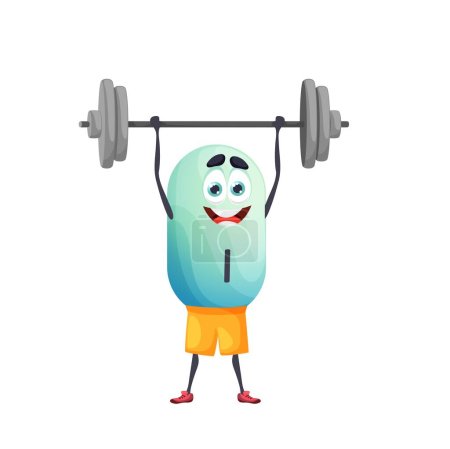 Illustration for Cartoon iodine athlete character with barbell. Isolated vector funny I capsule personage bodybuilding sport workout. Vitamin athlete exercises with weight in gym. Strong nutrient blue bubble sportsman - Royalty Free Image