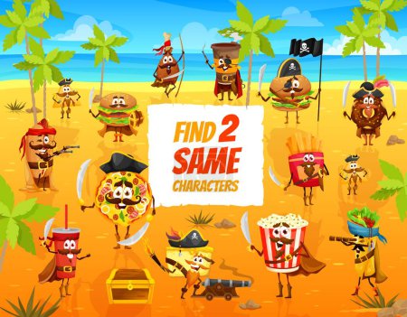 Illustration for Find two same cartoon pirates fastfood characters on treasure island. Kids game, quiz or vector riddle with hotdog, hamburger and pizza, chicken leg, french fries and donut, popcorn cute personages - Royalty Free Image