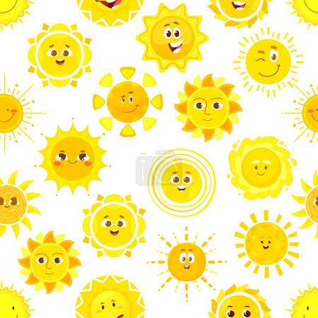 Téléchargez les illustrations : Caractères solaires motif sans couture. Vecteur de bande dessinée riant et souriant personnages mignons avec emoji drôle. Fond solaire enfantin positif pour papier d'emballage, textile, papier peint ou tissu - en licence libre de droit