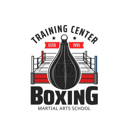 Illustration for Boxing training center icon with box sport vector equipment. Boxer punching bag and boxing ring with red and blue corners isolated symbol of combat sport fighting club or martial arts school design - Royalty Free Image