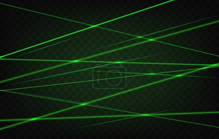Ilustración de Rayos láser verde y luces fondo realista. Sistema de seguridad escáner rayos láser, tecnología de la ciencia y la iluminación disco efecto de luz vectorial realista con rayos cruzados de luz verde neón brillante - Imagen libre de derechos