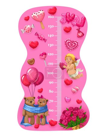 Ilustración de Corazones de dibujos animados, dulces y juguetes, carta de altura de los niños y medidor de crecimiento. Regla de medida vectorial con escala de centímetro rosa, par de osos lindos y ángel Cupidón, caramelos, globos y flores de rosas rojas - Imagen libre de derechos