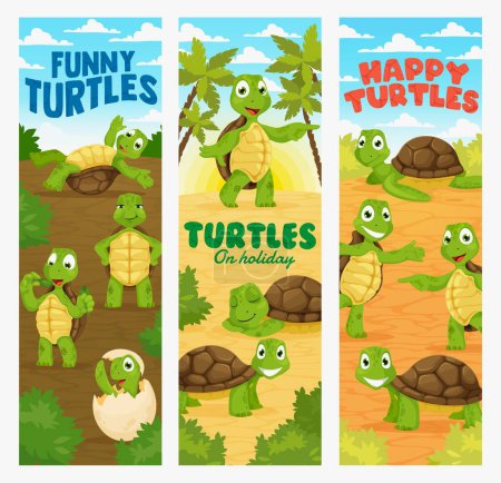 Illustration for Cartoon turtles. Cute tortoise animal characters vertical vector banners. Kids background with cheerful baby turtle, sleeping, dancing and eating newborn tortoise personage - Royalty Free Image