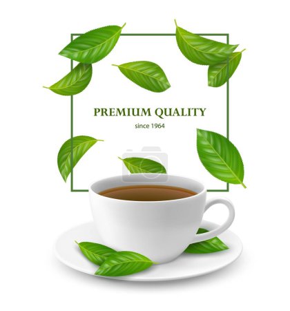 Illustration for Realistic falling tea leaves and cup or mug of herbal aroma tea beverage. Natural hot beverage, aromatic tea background, mint leaf drink banner with white ceramic teacup, saucer and falling leaves - Royalty Free Image