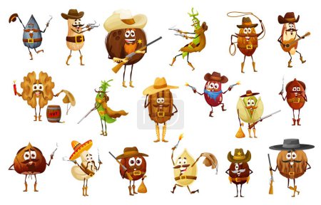 Illustration for Nuts and beans cowboy, sheriff, ranger, robber and bandit characters. Vector coconut, peanut, walnut, sunflower or pumpkin seeds. Macadamia, almond, cashew or pistachio, coffee and brazilian nut - Royalty Free Image