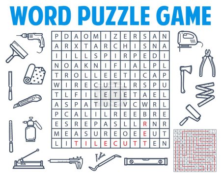Illustration for Repair and construction tools. Word search puzzle game worksheet. Quiz grid, vector riddle with drill, spatula and utility knife, carpenter rule, ax and paint roller, sprayer and tile cutter, file - Royalty Free Image