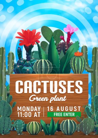 Illustration for Flower shop poster. Cactuses and succulents shop sale advertising vector banner or flyer with announcement info on wooden planks board. Mexican dessert flowering cactus, prickly succulents - Royalty Free Image