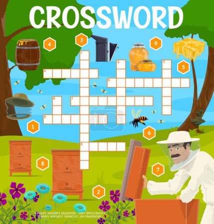 Illustration for Beekeeping and apiary crossword grid worksheet. Find a word quiz vector game puzzle with cartoon beehives, honey, bee, honeycomb and beekeeper, beekeeping hat, smoker. Apiculture fill in squares game - Royalty Free Image
