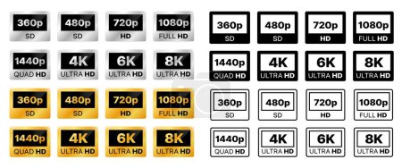 Illustration for Video resolution icons. Display, monitor or TV definition silver and gold labels, badges, media quality format and 1080p, 4k, ultra HD video resolution and size symbols, monochrome icons or signs - Royalty Free Image
