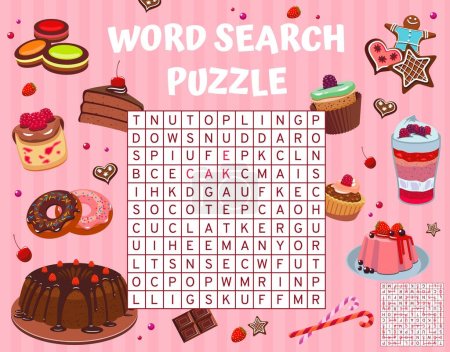 Illustration for Cartoon cakes, pies and desserts, word search puzzle game worksheet, vector word quiz. Word search riddle to find word of donut and pudding, bakery cakes, cheesecake or pancake with muffin - Royalty Free Image