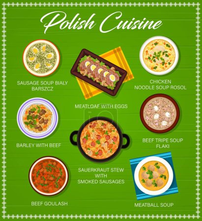 Illustration for Polish cuisine menu, food of Poland, restaurant dishes and traditional meals, vector. Polish cuisine lunch and dinner food chicken noodle soup rosol, sausage soup bialy barszcz and beef goulash - Royalty Free Image
