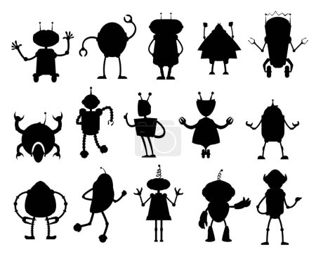 Illustration for Robots and droids silhouettes. Alien droids, future cyborg characters or chat bots vector silhouettes set. Artificial intelligence humanoid machines, robotic monsters or invaders symbols - Royalty Free Image