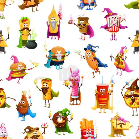 Illustration for Cartoon fast food wizard, mage, sorcerer characters seamless pattern. Fastfood meals cheerful mage personages fabric print or vector wallpaper with hamburger, soda, pizza and donut, coffee, burrito - Royalty Free Image